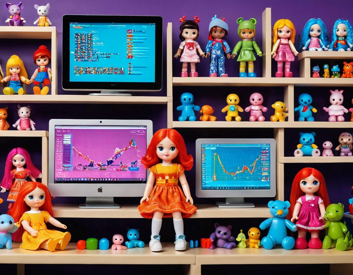 A whimsical scene depicting a transition from traditional dolls sitting on a shelf to vibrant digital representations of toys displayed on a modern computer screen, with colorful toys in the foreground and digital elements like pixels and coding symbols in the background. Highlight the evolution and fusion of physical and digital play. playful and imaginative style. vibrant colors. 3D.