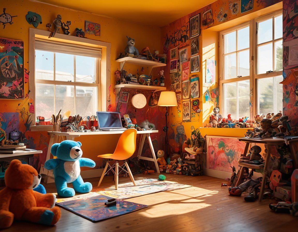 A colorful workspace filled with toys scattered around, such as retro action figures and plushies, while a teenager sits at a desk writing in a notebook. The room is adorned with graffiti art on the walls featuring vibrant characters and doodles, an inspiring blend of creativity and fun. Bright sunlight filters through a window, casting playful shadows. super-realistic. vibrant colors. 3D.