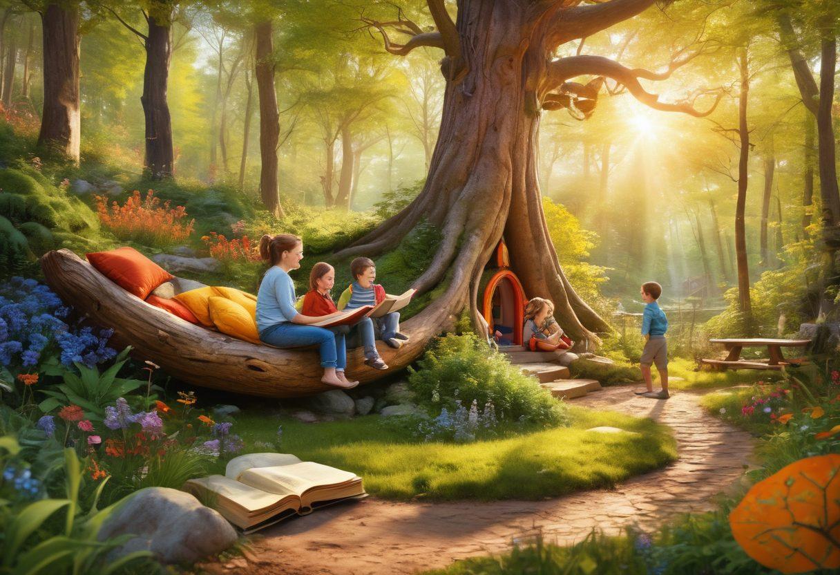 A colorful and whimsical landscape filled with playful imagination elements, such as gigantic books, lively characters exploring magical forests, and cozy family spaces. Include young children and parents interacting with various engaging activities, like storytelling and outdoor games, all basked in warm, inviting sunlight. The atmosphere should evoke creativity and joy, encouraging family bonding and exploration. vibrant colors. super-realistic. whimsical style.